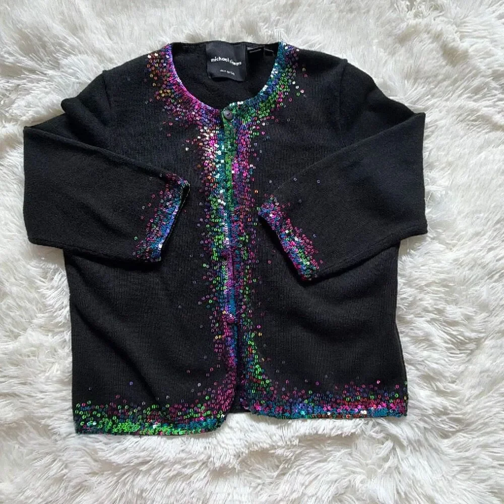 Vintage Michael Simon Rainbow Sequins Trimmed Black Cardigan Sweater Medium